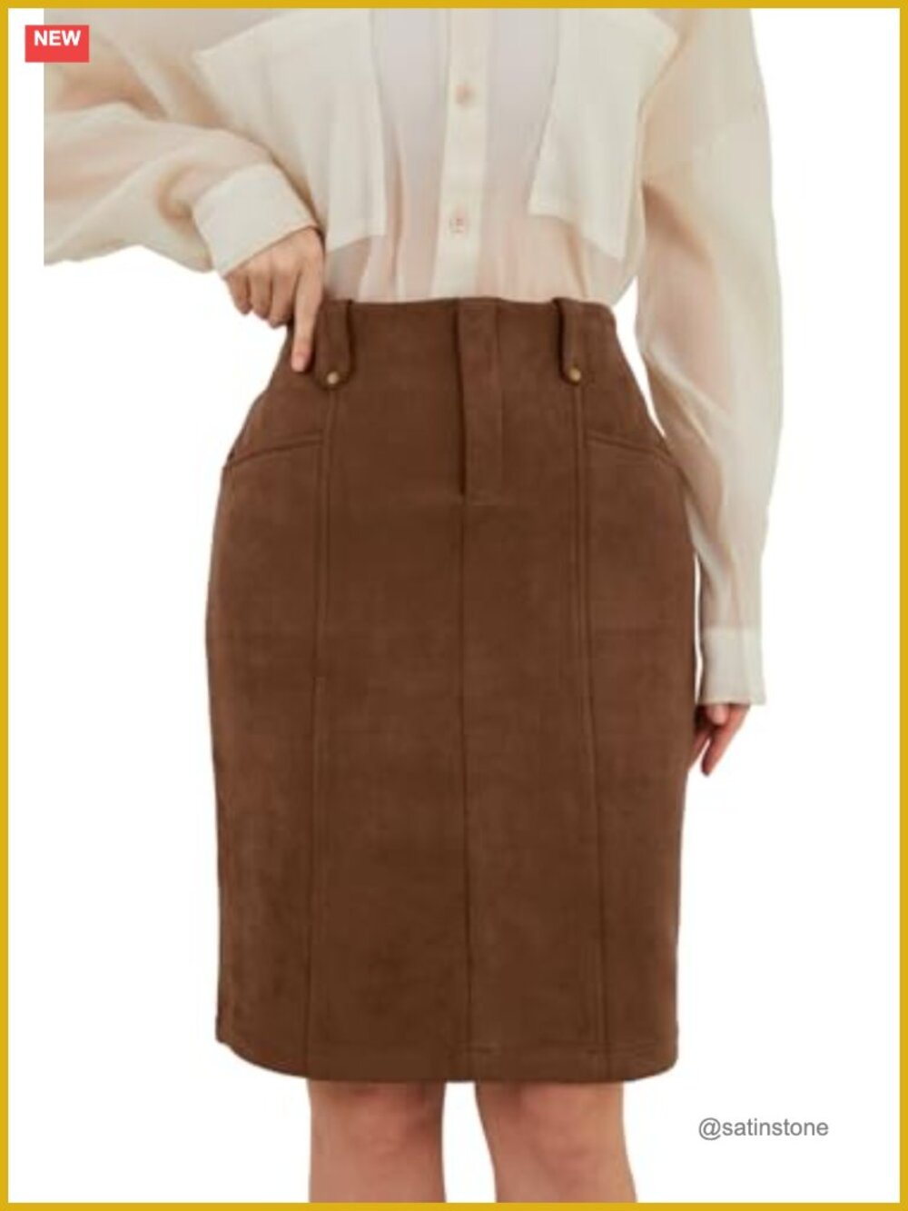 Faux Suede Knee Length Bodycon Pencil Skirt High Waist Back Slit Pockets